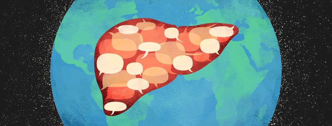 A liver made up of speech bubbles is floating above a globe in a night sky.