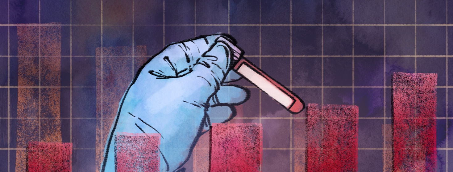 A person's gloved hand holds a blood sample used for PSA testing in front of a bar graph.