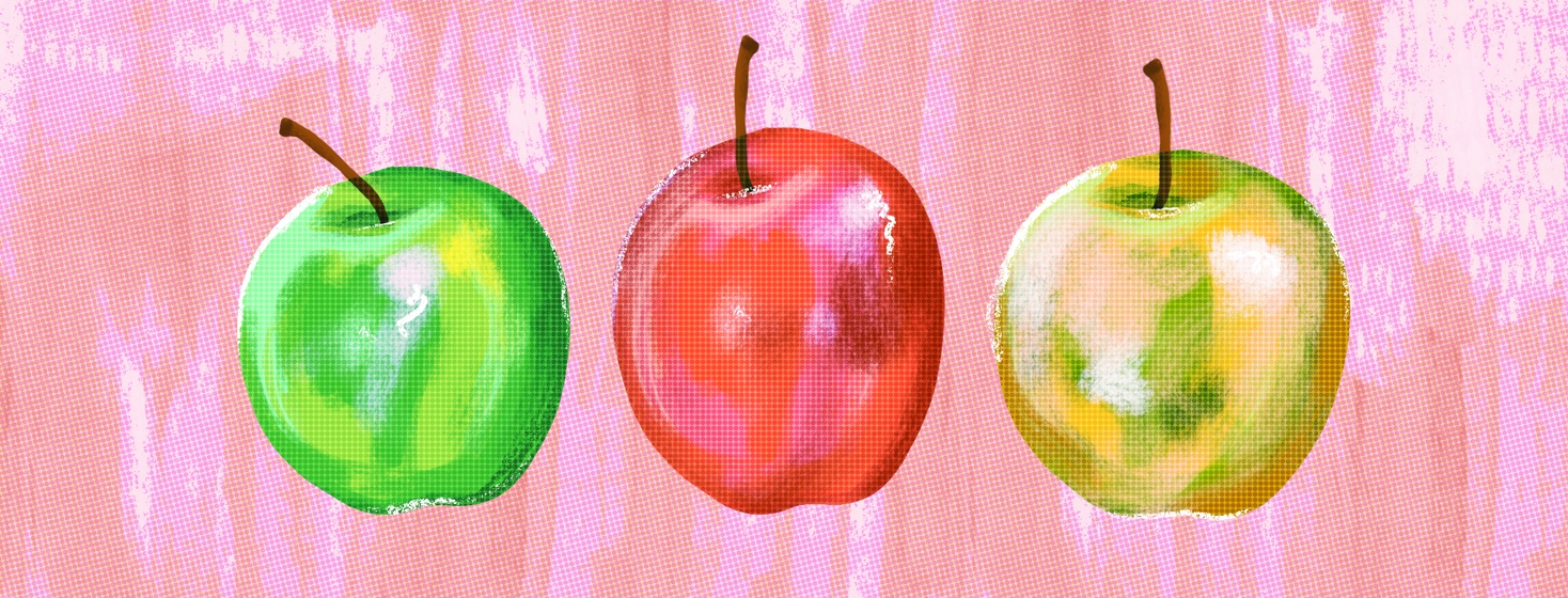 Three apples, one green, one red, and one yellow. Slight differences,