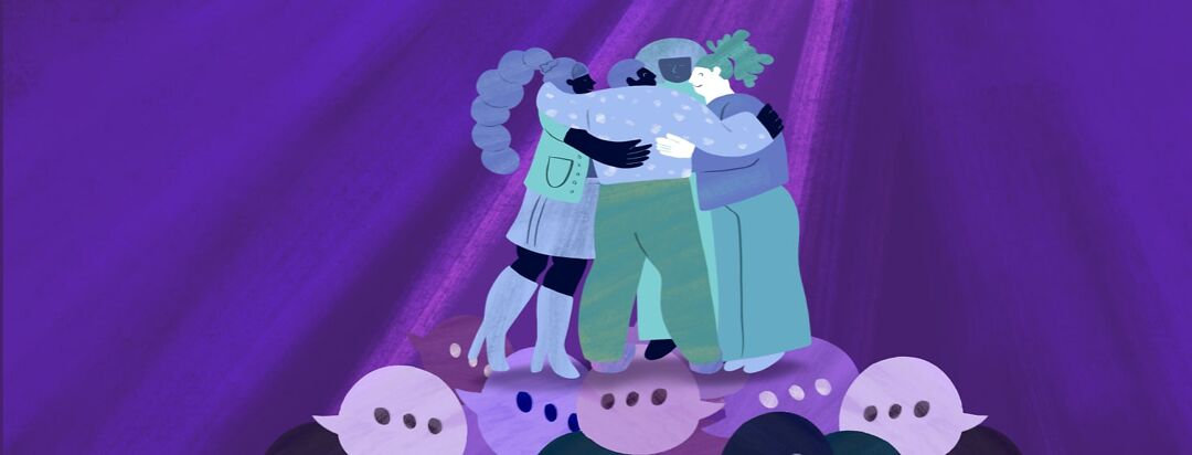 A large pile of dialogue bubbles are lifting up people that are embracing each other.