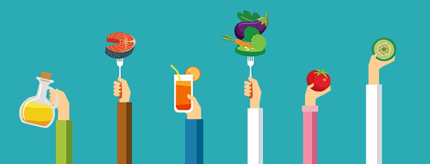 Hands hold up a variety of healthy foods.