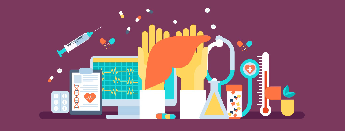 An image of lab medicine, a liver, and medical equipment