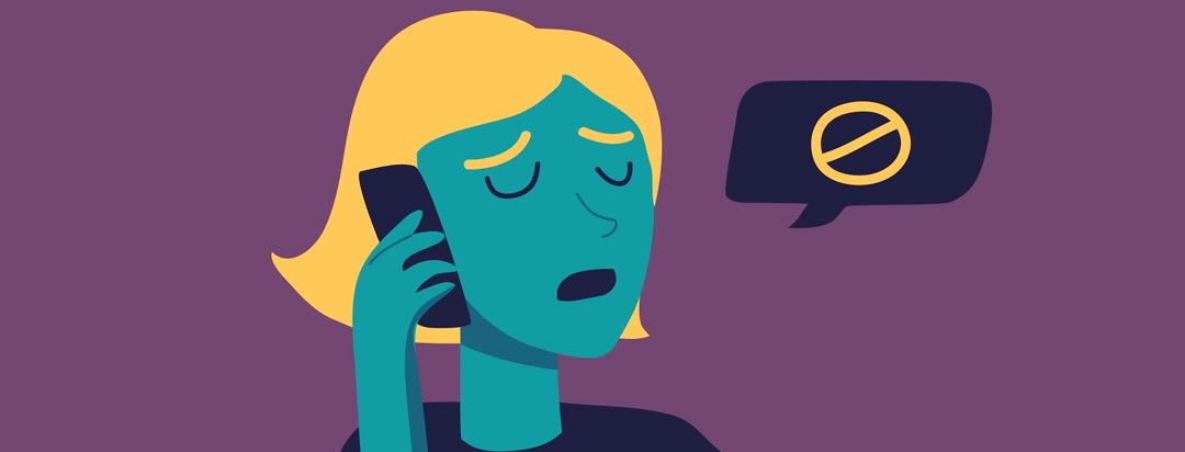 An image of a woman on the phone with a speech bubble showing that she is saying no.