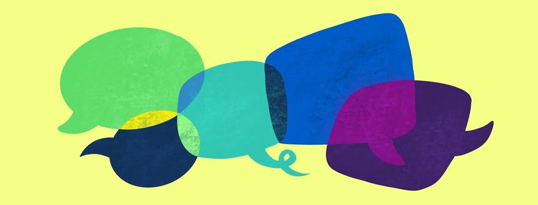 overlapping speech bubbles of various colors