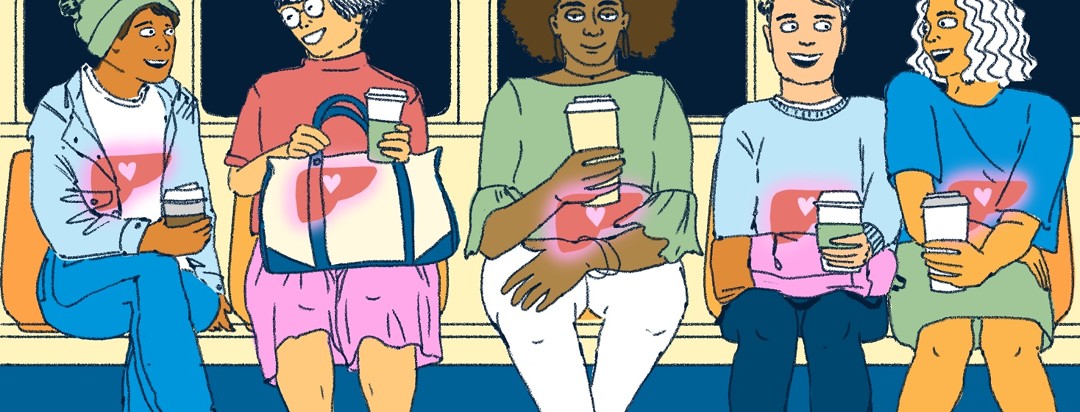 A row of people sitting on a subway all look happy with coffee cups in their hands and healthy livers shining through their bodies indicated by a small heart within each liver.