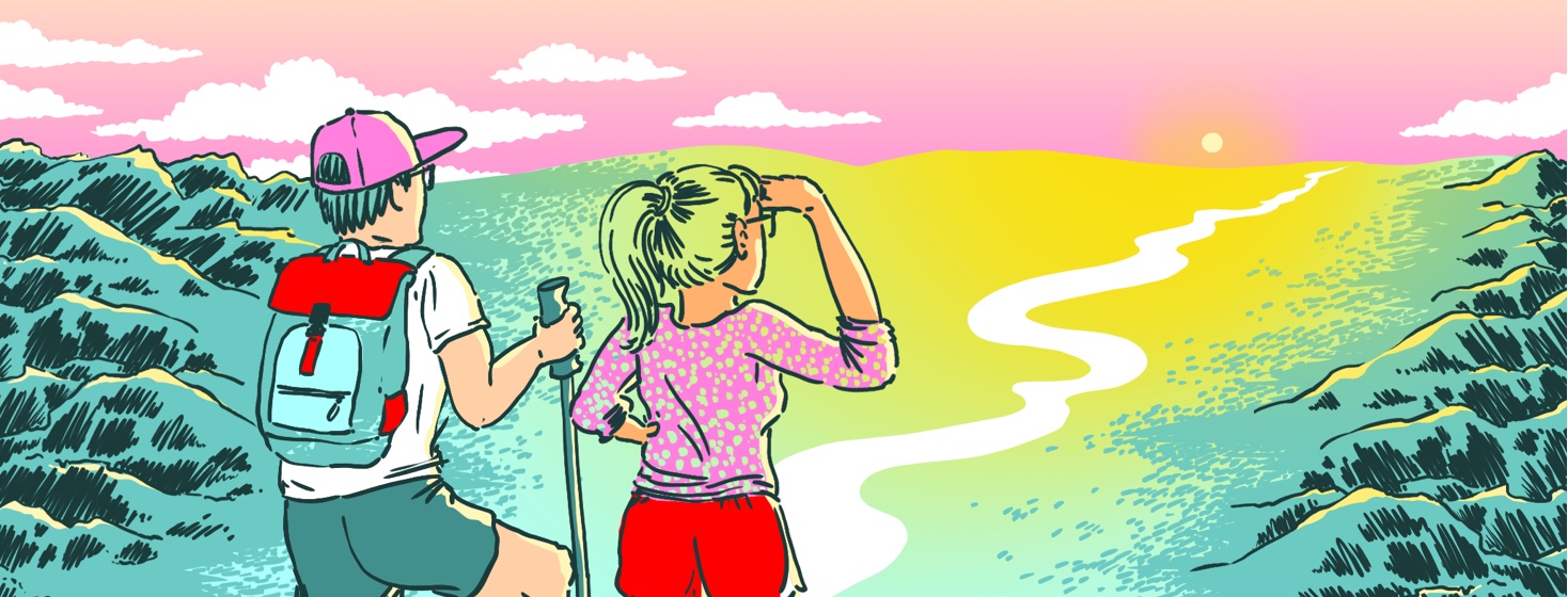 Two people stand on a mountain top, looking out to what lies ahead. Some terrain is difficult and strenuous but most is flat and green.