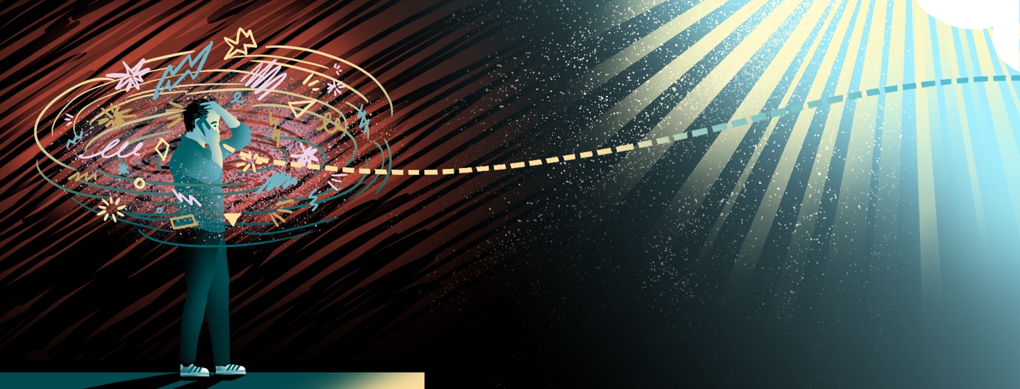 On the left, a man stands on a dark platform on the phone looking distressed, while a dotted line travels from his mouth to the other side of the image, which is bright and sunny with hope.
