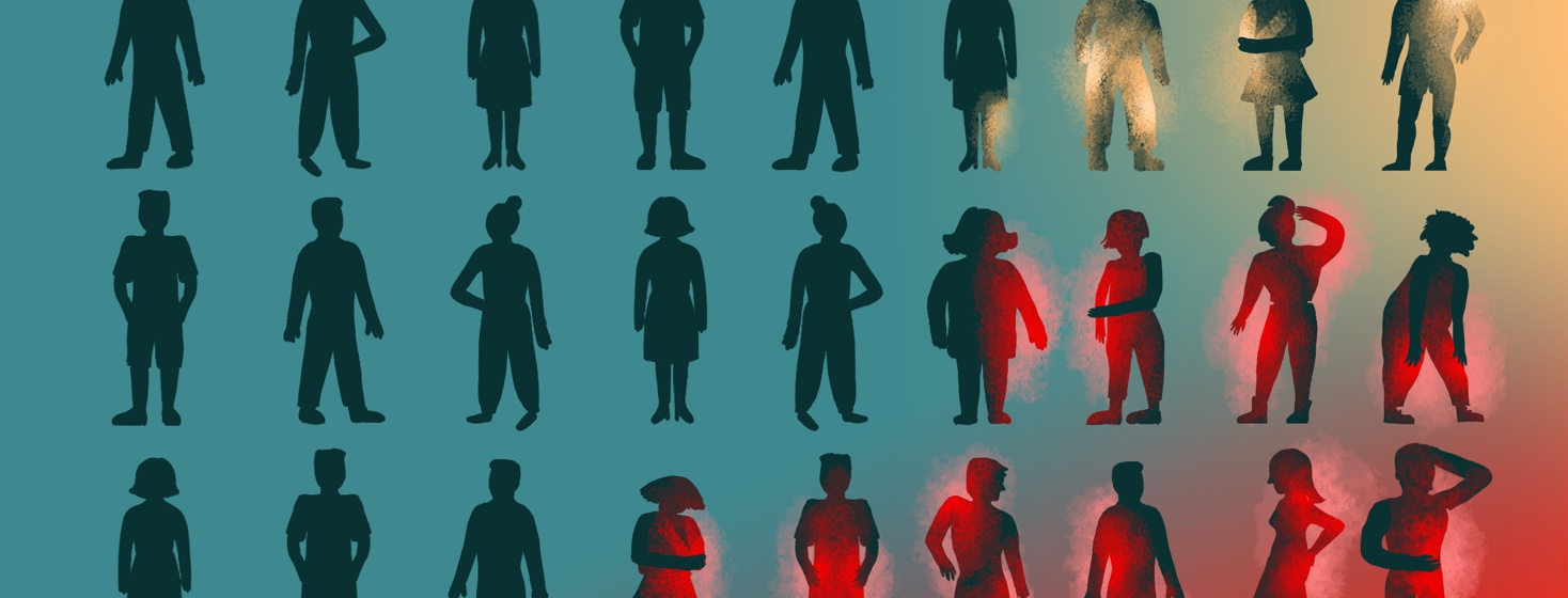 A grid of different people shows a percentage affected by arthritis (indicated by spots of red around their joints) and a percentage affected by rheumatoid arthritis (indicated by yellow spots around their joints).
