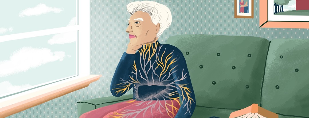An older woman sits on a couch looking out a window. The viewer can see that inside her, all her pain points in her joints, lymph nodes, heart, etc stem from her liver.