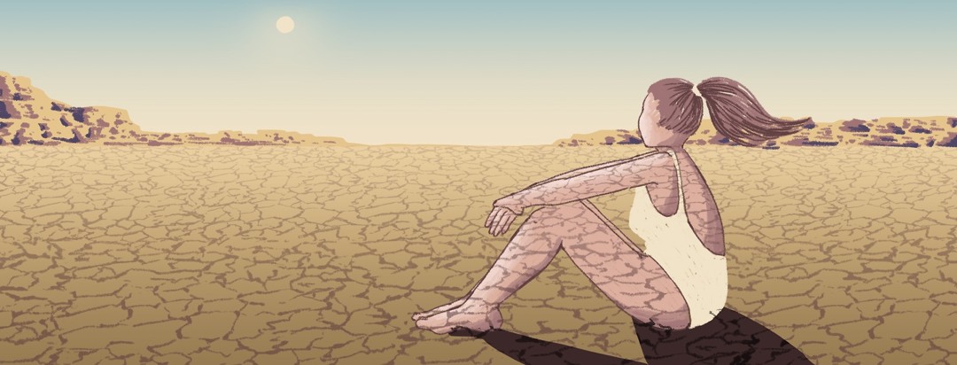 A woman in a bathing suit sits in a desert landscape, the cracks of the dry earth beneath her showing through as cracks on her cracked, dry skin.