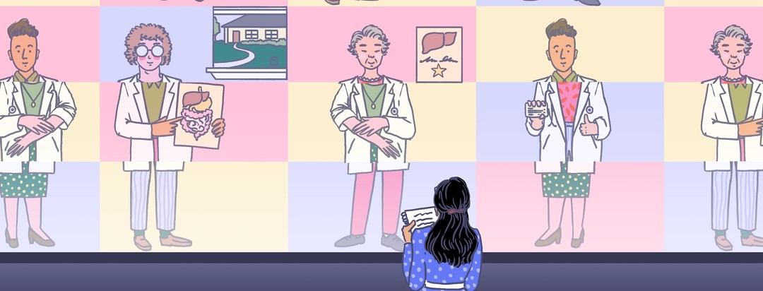 A woman stands in front of a screen that shows doctors with different specialties each spliced into three parts and repaired with another part of another doctor's body.