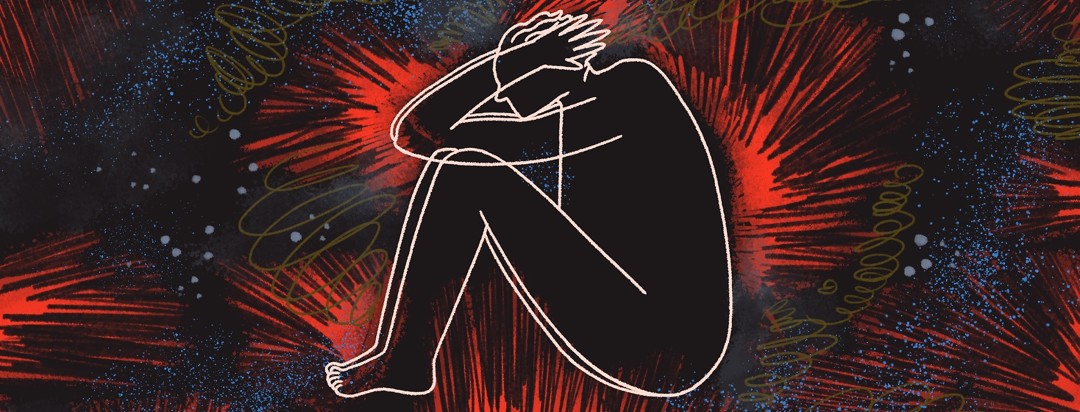 A person sits crouched on the ground with their hands on their head, while around them swirls ominous blotches of colors to represent the 5 stages of grief.