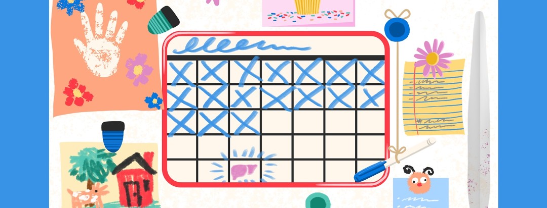 A fridge is crowded with colorful magnets, children's cart, and a whiteboard calendar that is counting down the days.