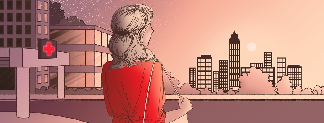 A woman facing away stands between a hospital to her left and a city skyline to her right as she looks out on the rising sun above the skyscrapers.