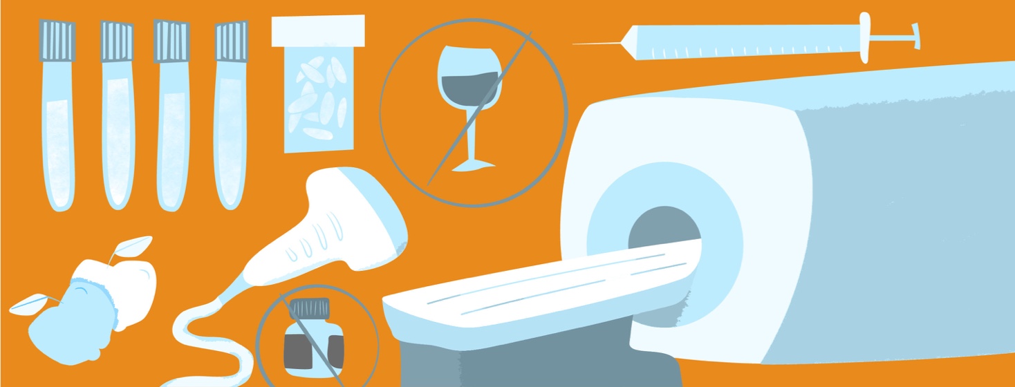 An assortment of medical devices plus a wine glass with an 'x' through it and two apples.