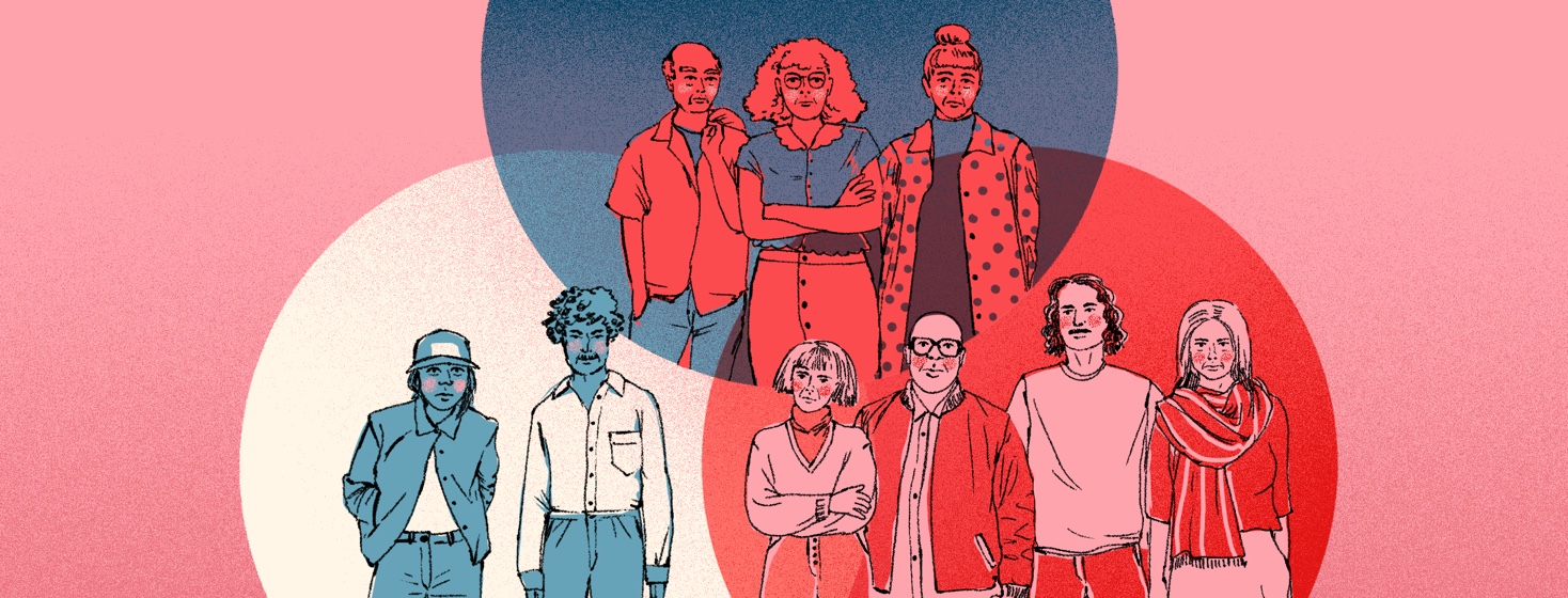 Varying numbers of people stand within the three different circles that make up a Venn diagram.