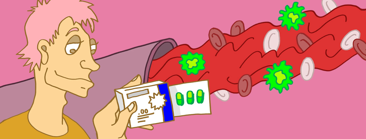 A man holds a packet of pills in front of a zoomed in version of a vein showing blood with HepC in it.