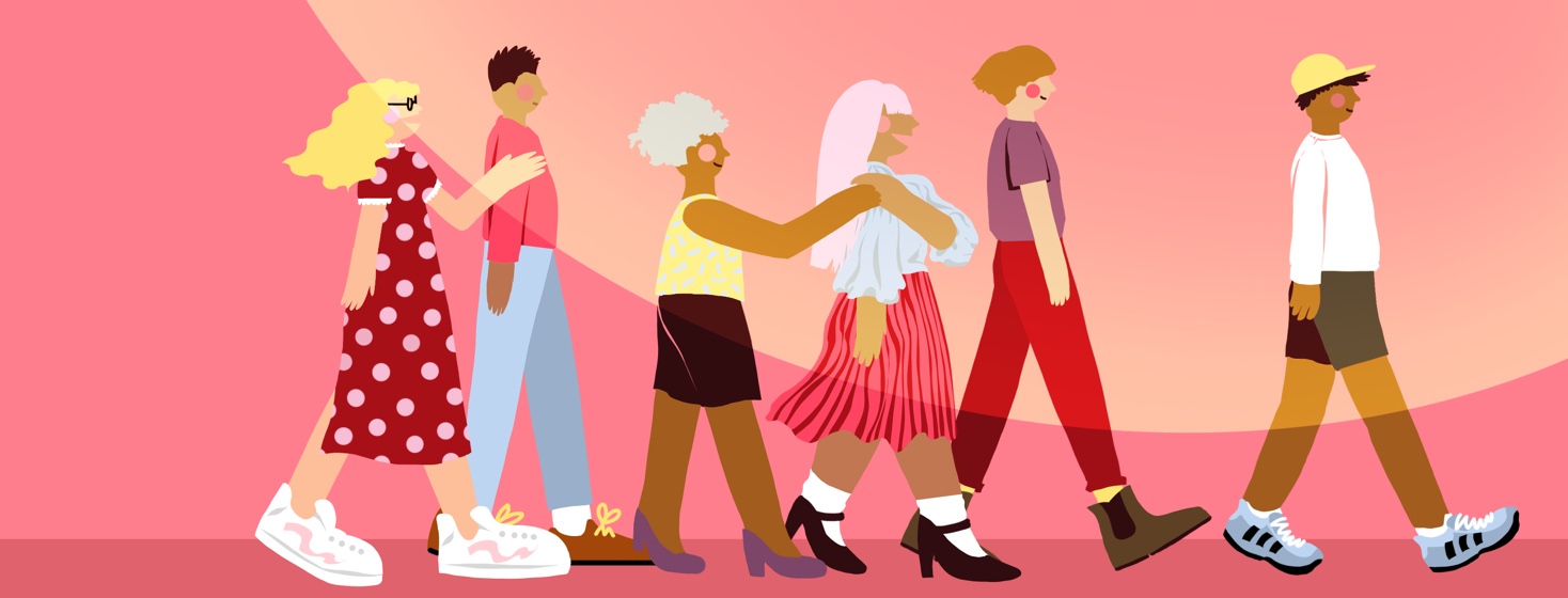 A group of hopeful and determined people are all walking to right in profile.