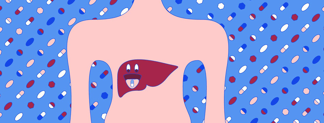 A liver with a face has a vitamin on its tongue. The liver in inside a body set against a pattern of vitamins.
