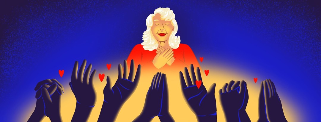 A woman looks touched and loved, with her eyes closed and her hands over her heart. Below her is a soft glowing light and hands lifted up in prayer and offering love and support to the woman.