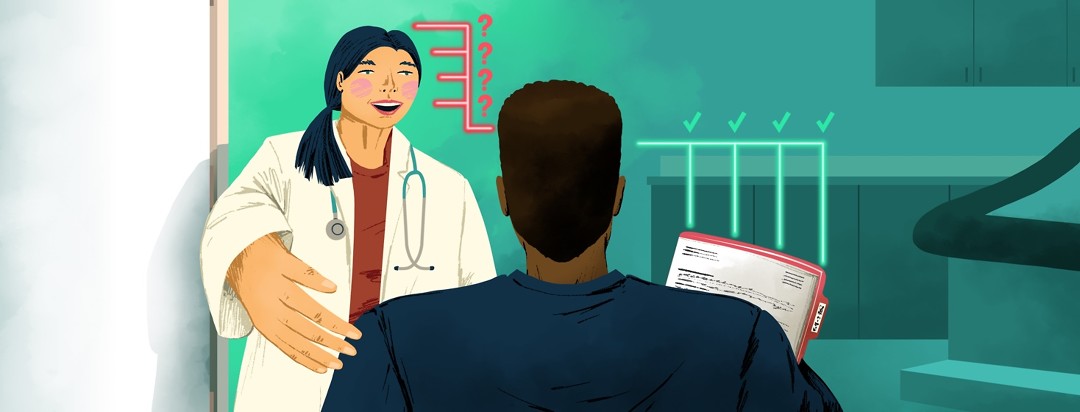 A doctor welcomes in a patient (with his arms full of paperwork) into a doctor's office. To the right of the patient's head are lines that have check marks beside them, and the left are lines that point to the doctor with question marks beside them.