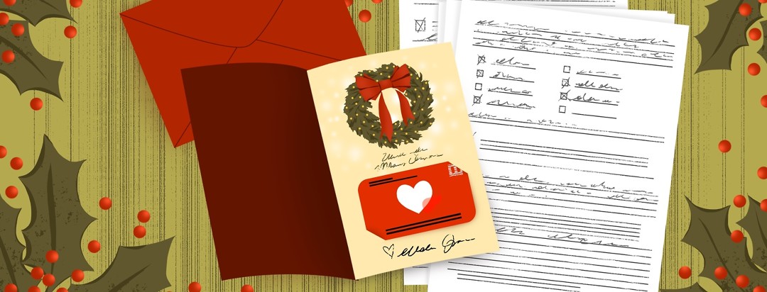 An open Christmas card with an organ donor card inside sits on top of a pile of paperwork that has been completed. Holly surrounds the card and the papers.