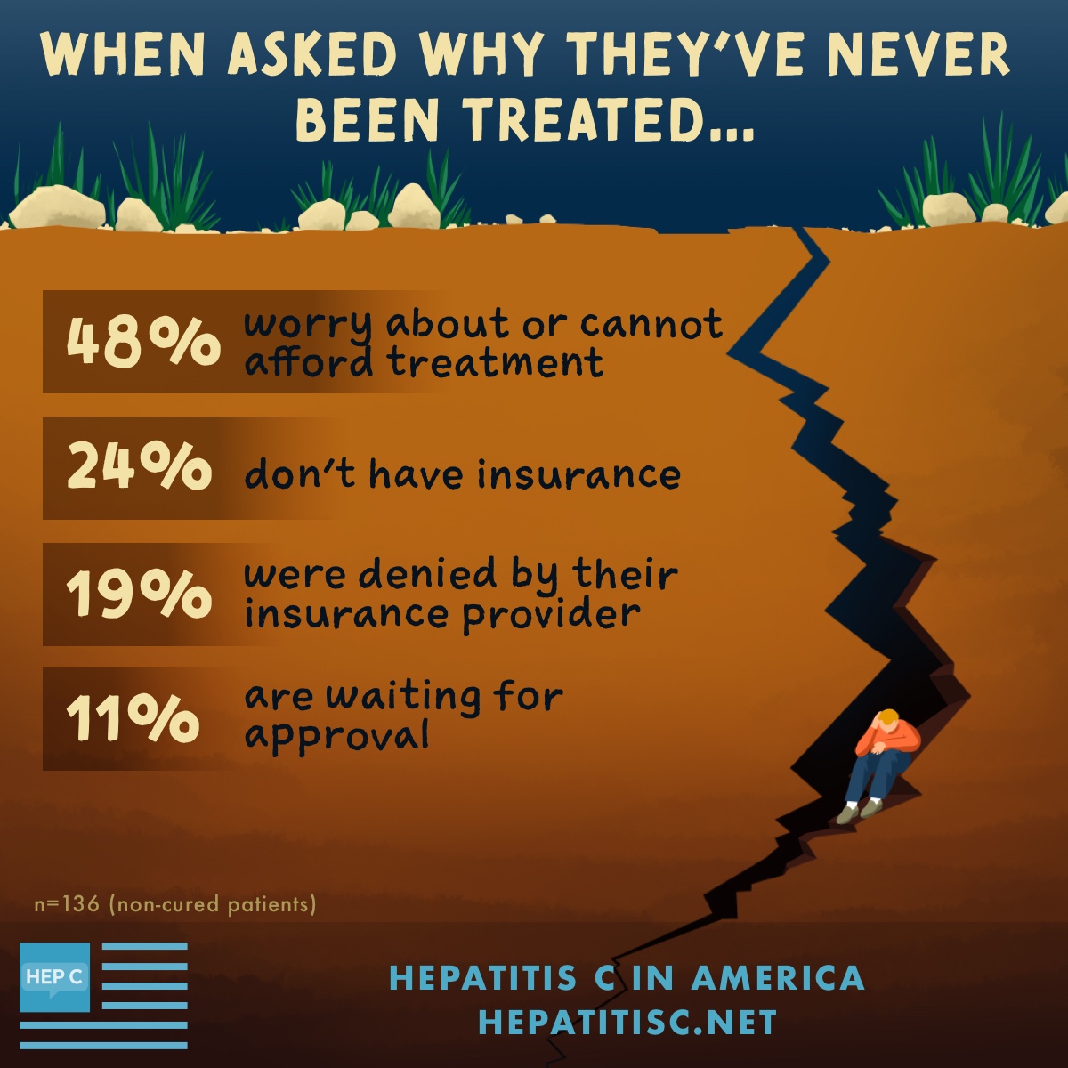 Why never been treated: 48% worry about or cannot afford treatment, 24% don’t have insurance, 19% denied by their insurance provider, 11% waiting for approval.