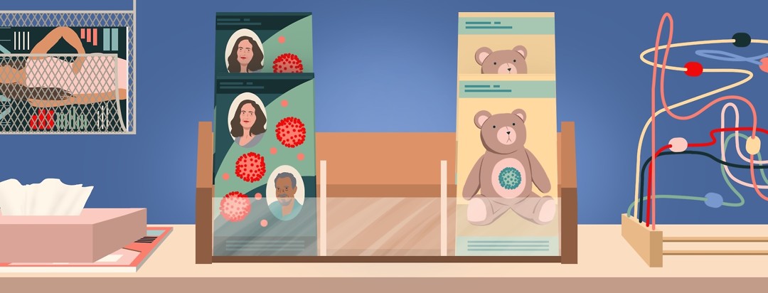 A doctor's office features a brochure rack with three sections: one is brochures with older adults pictured on it, one is brochures with a teddy bear on it, and between these two sections is an empty space.