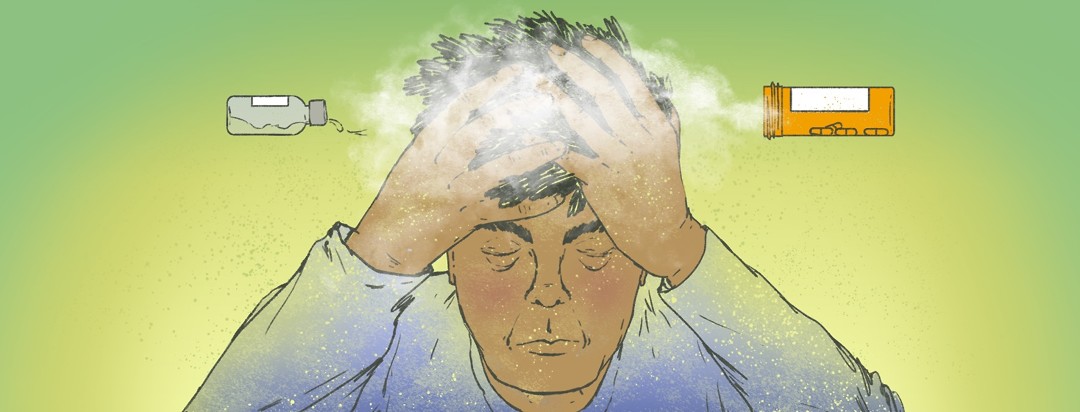A man holds his head in his hands. Two bottles of medication are overturned and spilling out what looks like a cloud of fog over the man's head.