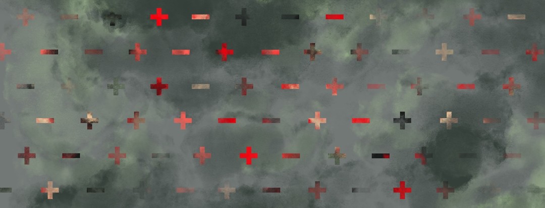 A pattern of plus and minus signs is partially obscured by cloudy mist.