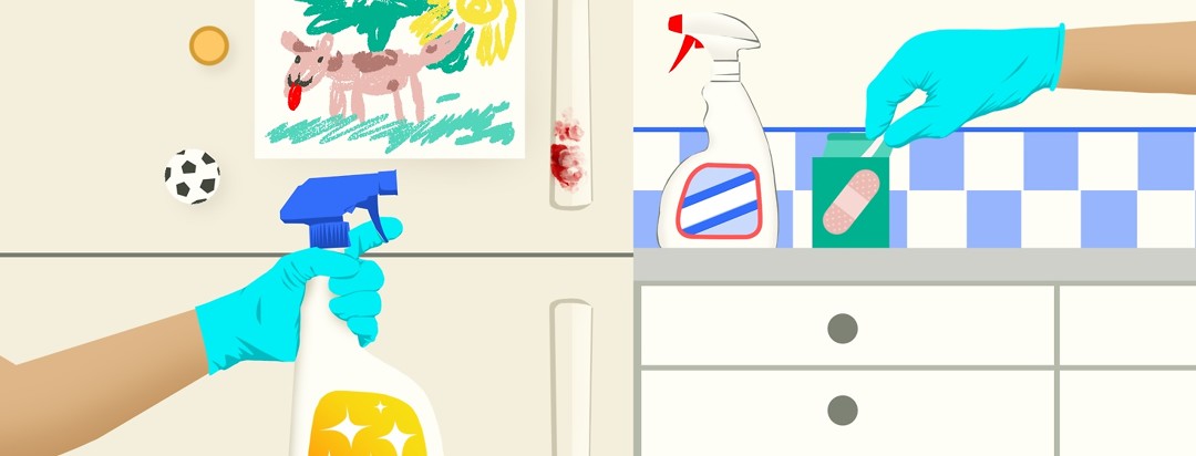 In a kitchen one latex-gloved hand reaches to spray at a spot of blood left on a refrigerator that also features a child's drawing attached to the front. Another latex-gloved hand reaches into a box of bandages to take one out. Another spray bottle of bleach sits on the kitchen counter next to the fridge.