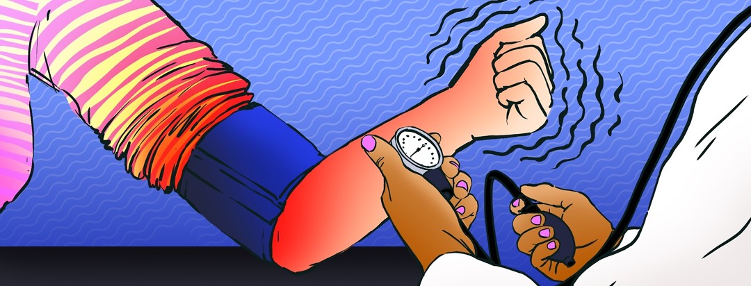 A woman is having her blood pressure taken by a doctor but the space around the arm band is red and her hand appears to be shaking.
