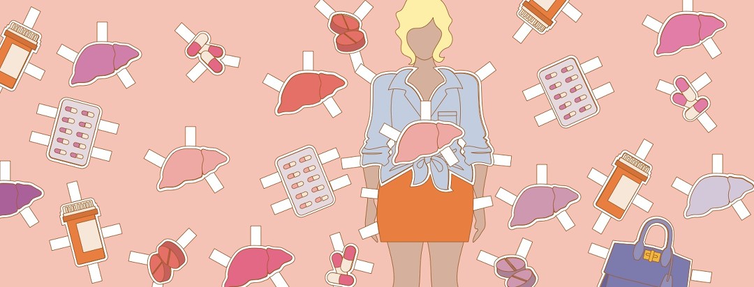 A paper doll woman is surrounded by differently-colored livers and medications, portrayed as paper doll accessories.