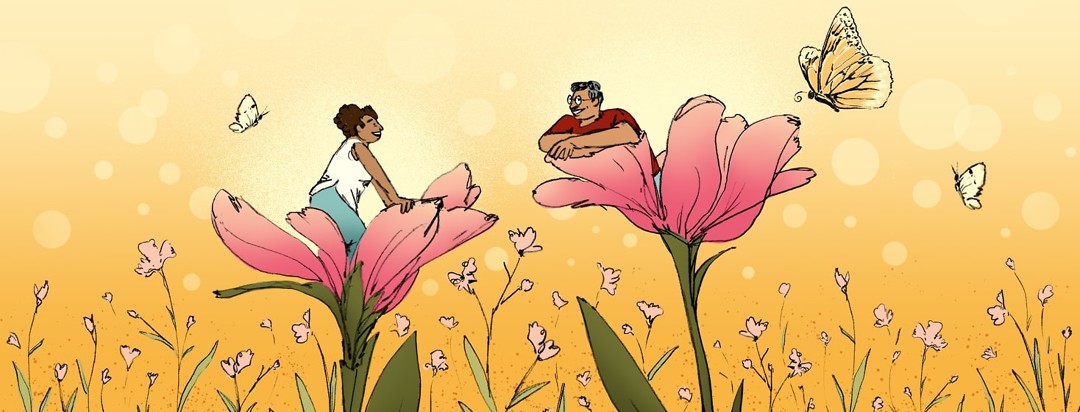 Two people are sitting inside flowers as if the petals have just opened, revealing them. The people and flowers are in a bright meadow.