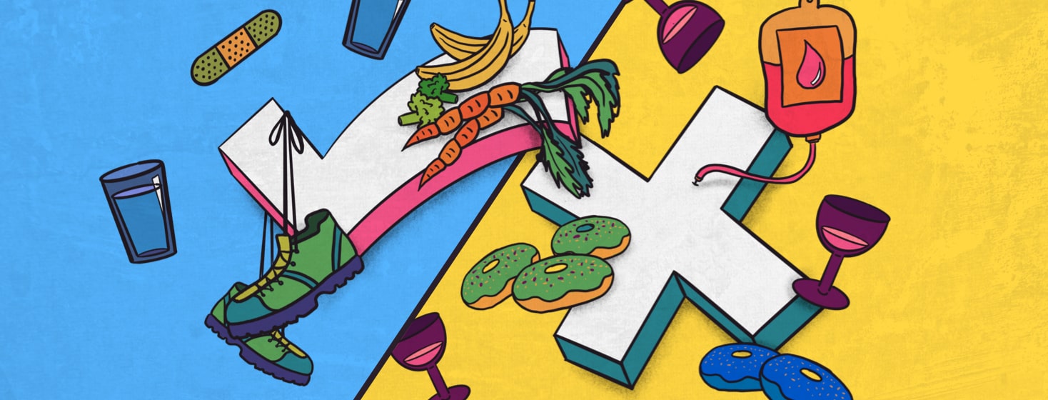 Check mark "dos" area with water, fruits and vegetables, and running shoes next to X-mark "don'ts" area with alcohol, donuts, and donated blood bag