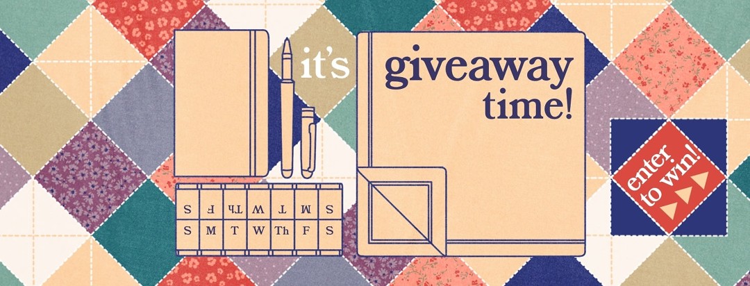 On a quilt pattern are four items outlined: a Moleskin journal, a fancy ballpoint pen, a blanket, and a pillbox marked with days. The text reads: "It's giveaway time! Enter to win."