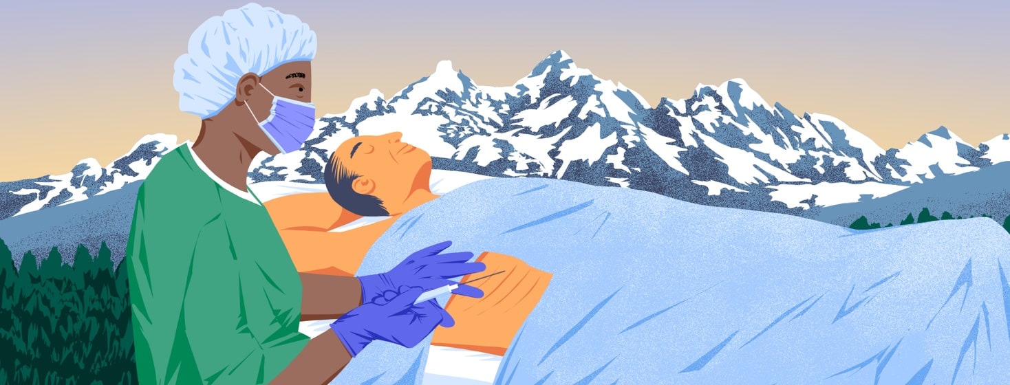 A man lies with his eyes closed on a hospital bed while a nurse or medical tech prepares to insert a long needle syringe between his ribs. This is all set against a beautiful snowcapped mountain backdrop.