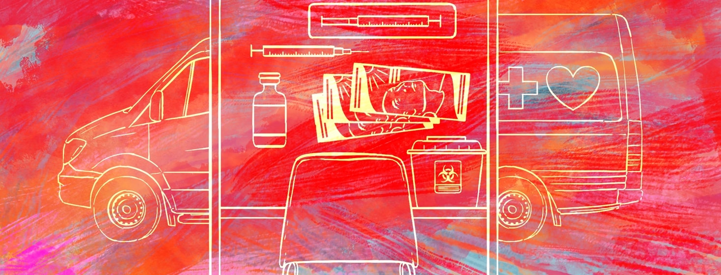 A collection of harm reduction tactics are grouped together: mobile clean needle exchange, safe injection site, a safely packaged syringe, Naxolone, pamphlets on testing and treatment for hep C.