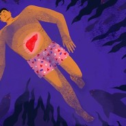 A man with his eyes closed is floating in water. A liver is visible inside his body, and the water ripples out from that point. Surrounding him underwater are sharks and other scary shapes with red eyes.