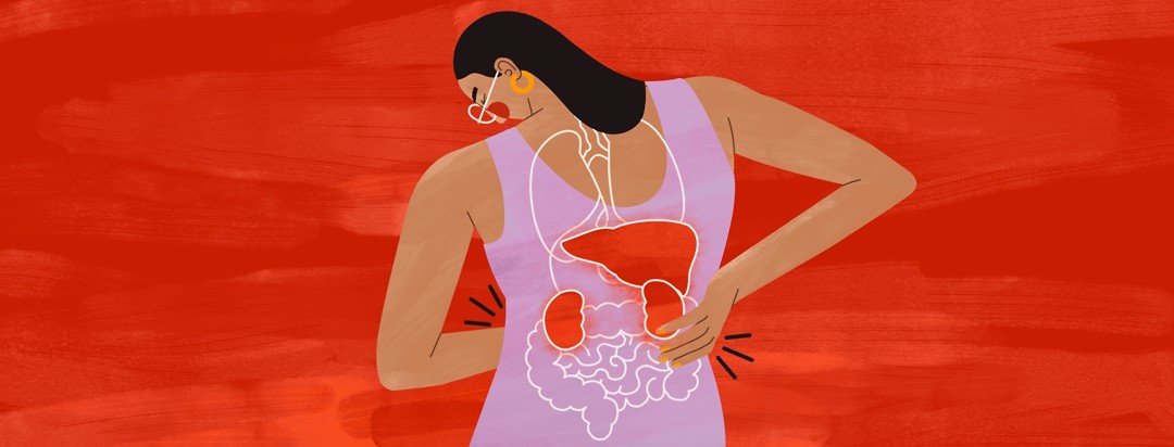 A woman leans over in pain, clutching her stomach and back. The outline of her internal organs is visible, with the liver and kidneys glowing red.