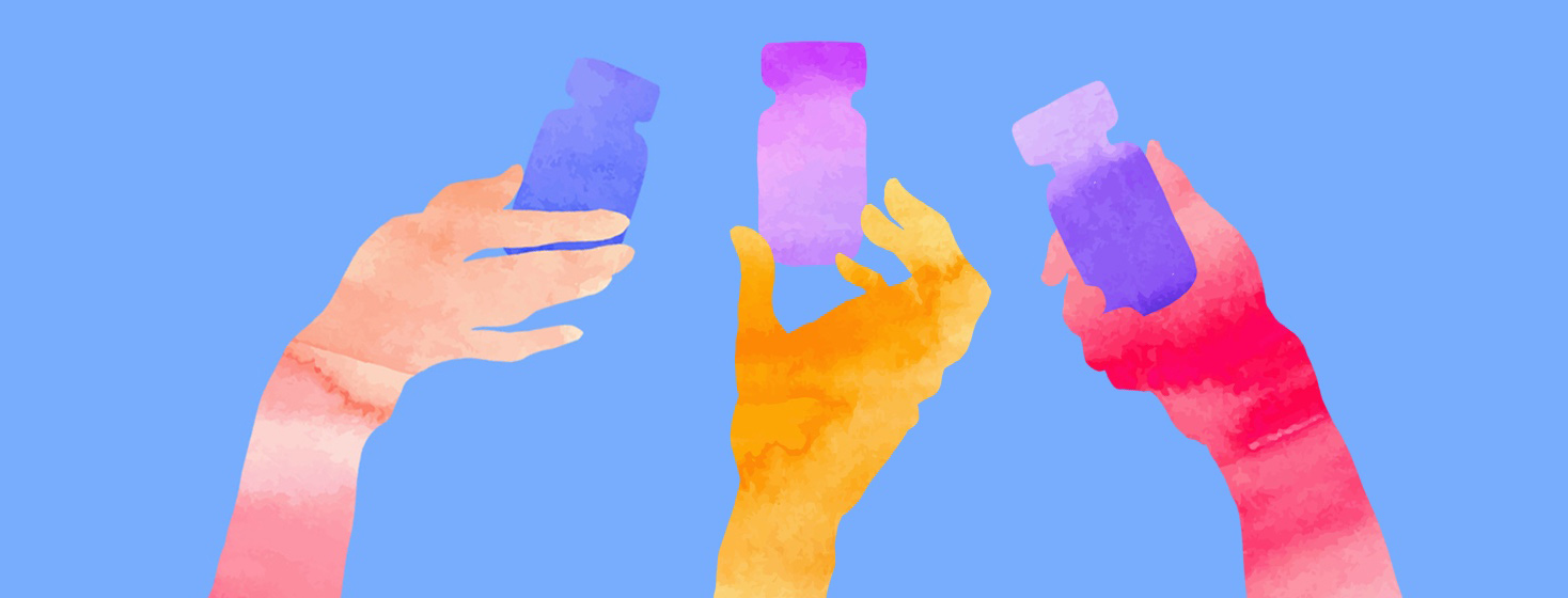 silhouettes of hands holding pills with vivid water color marks inside the shapes
