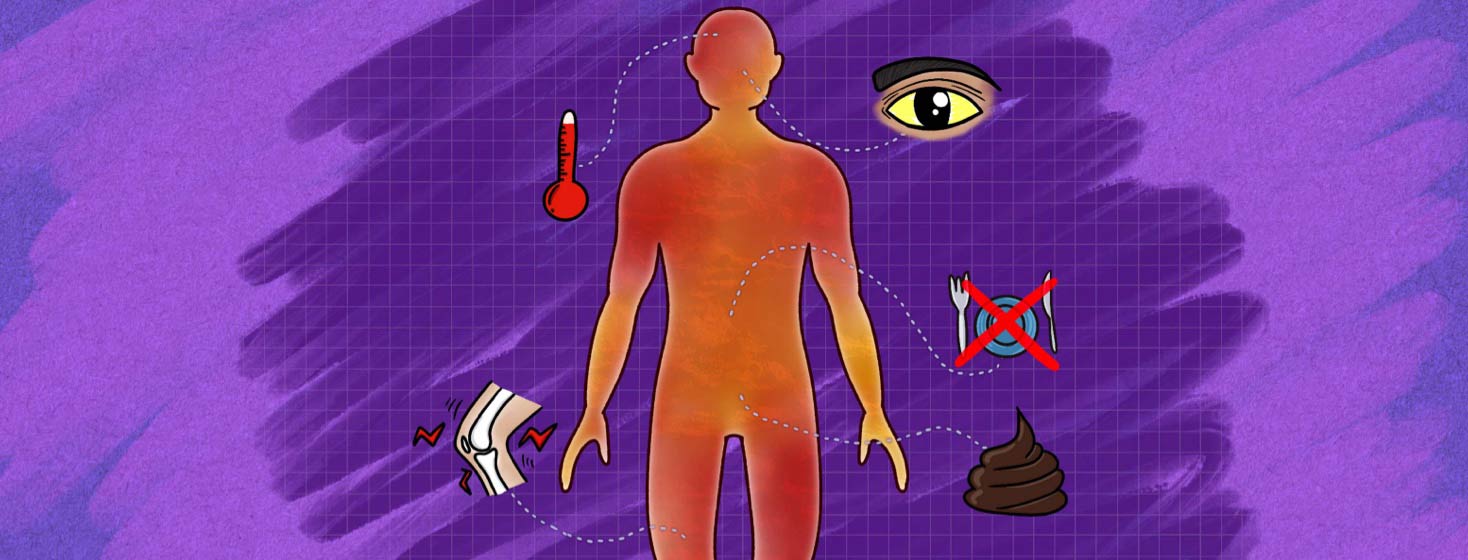 Adult body form showing common symptoms of hepatitis, joint pain, loss of appetite, jaundice, dark stool, and fever