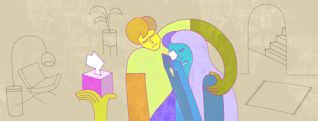 a colorful geometric image of a sad woman crying as a man consoles her with tissues and a hug