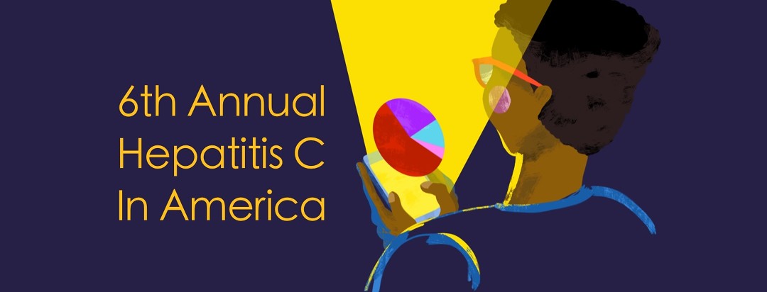 woman looking at pie chart on her phone with text reading 6th annual hepatitis c in America