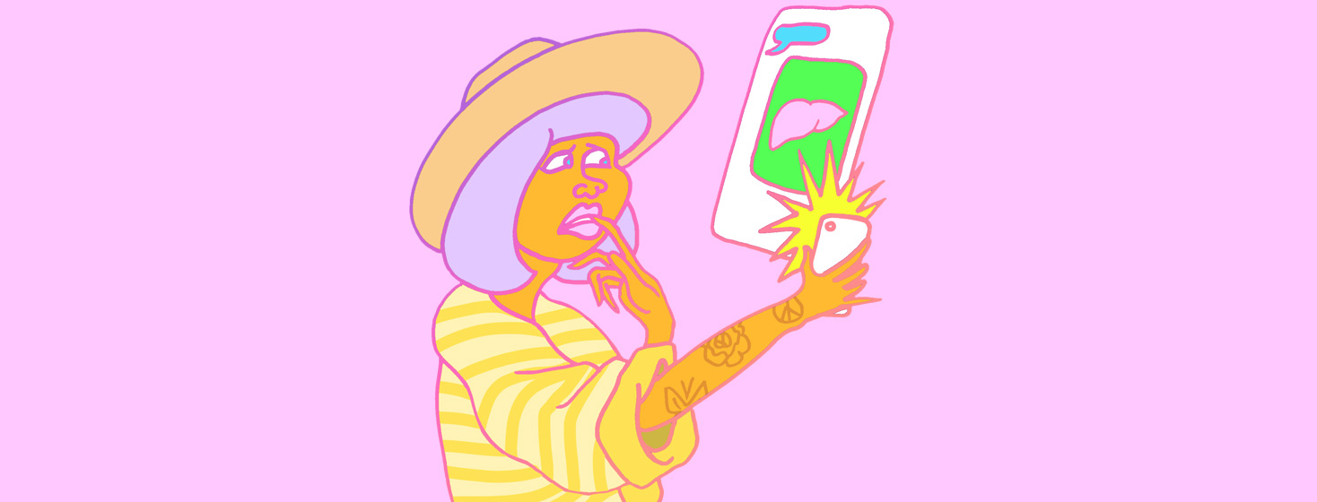a millennial checks her phone with a liver damage update text