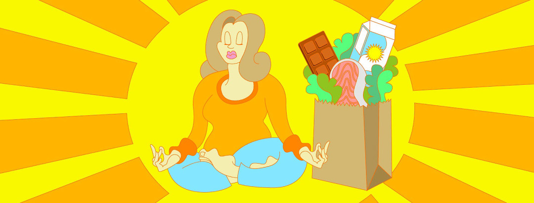 a woman meditating next to a grocery bag of healthy foods