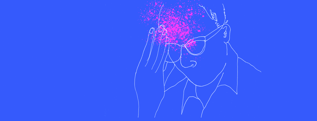 a line art illustration of a man with pink splatter paint slapping around in his head
