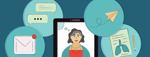 a woman surrounded by technology, a paper plane, an email with a notification, online messaging, and a letter with lungs on it and pencil