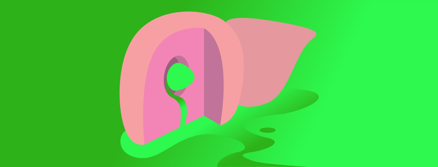 the inside of a liver revealing a cancer cell which is spilling out a green ooze