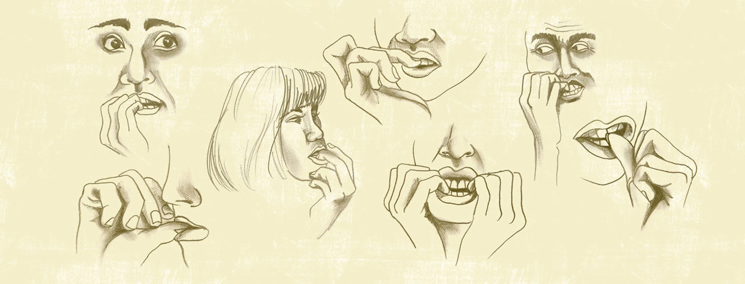 pencil sketches of multiple people biting their nails